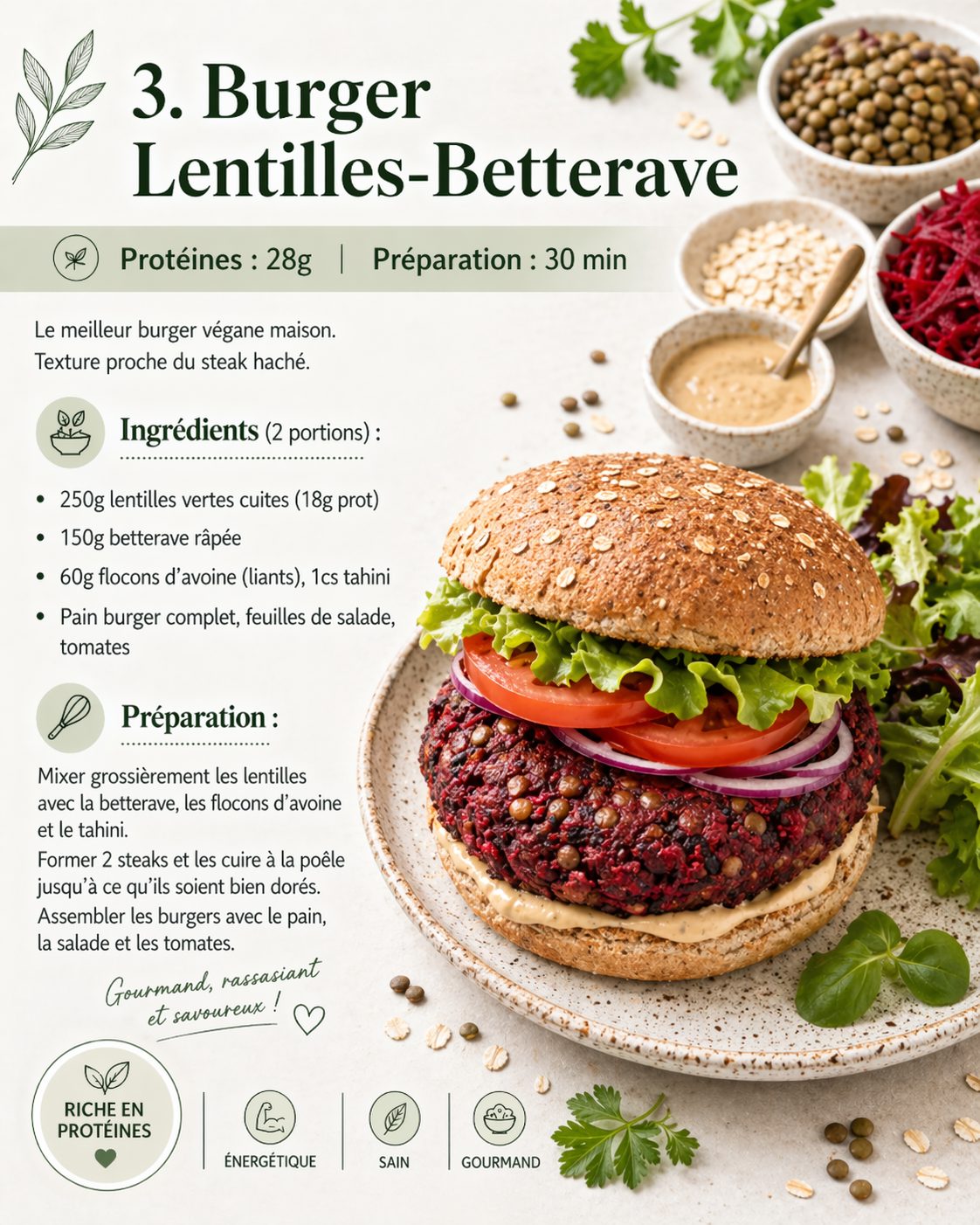 Burger maison lentilles betterave végane